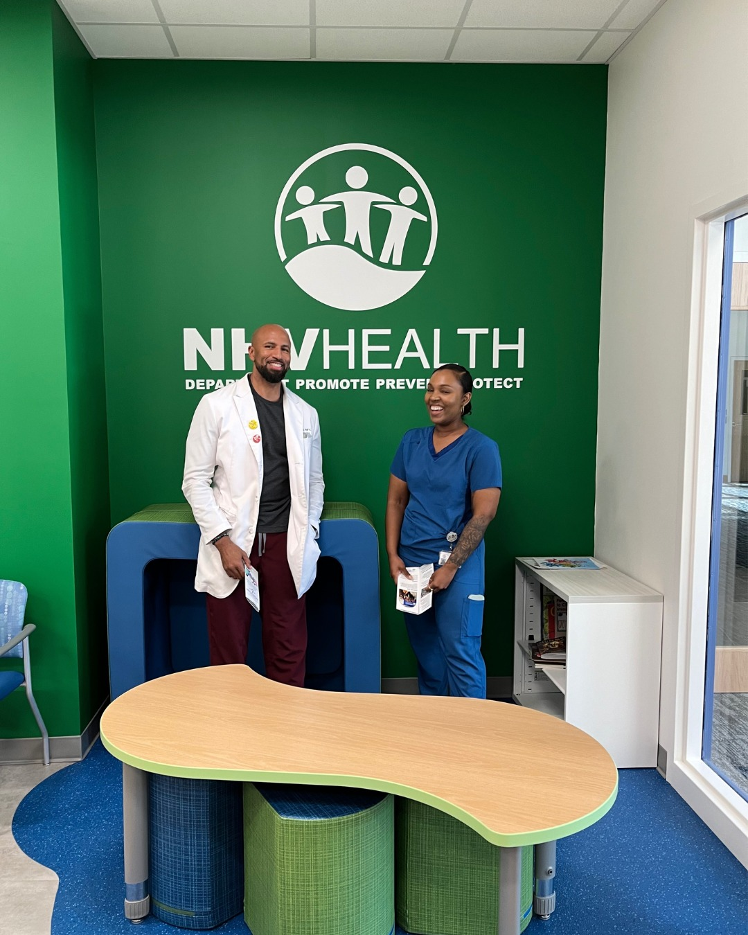 The department  brought the new branding  into their physical spaces, and they nailed it. New furniture, fresh paint, the logo anchoring the wall. This is one of their clinic locations.
