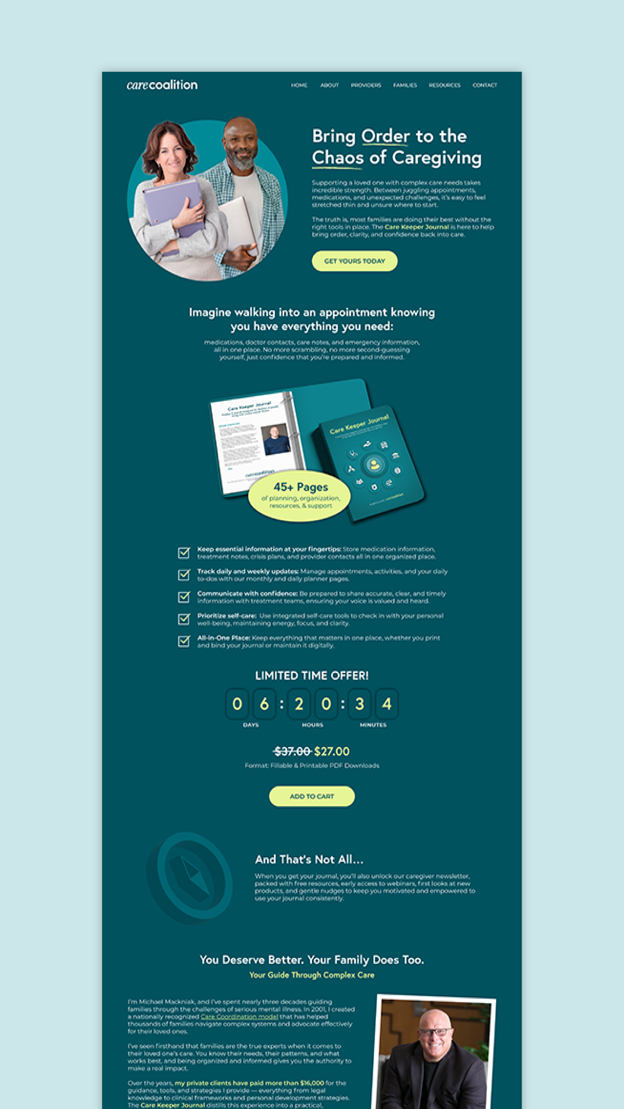 The Care Keeper landing page breaks down everything inside the journal and makes the case for why families need it. It did a lot of the selling work as the product launched.