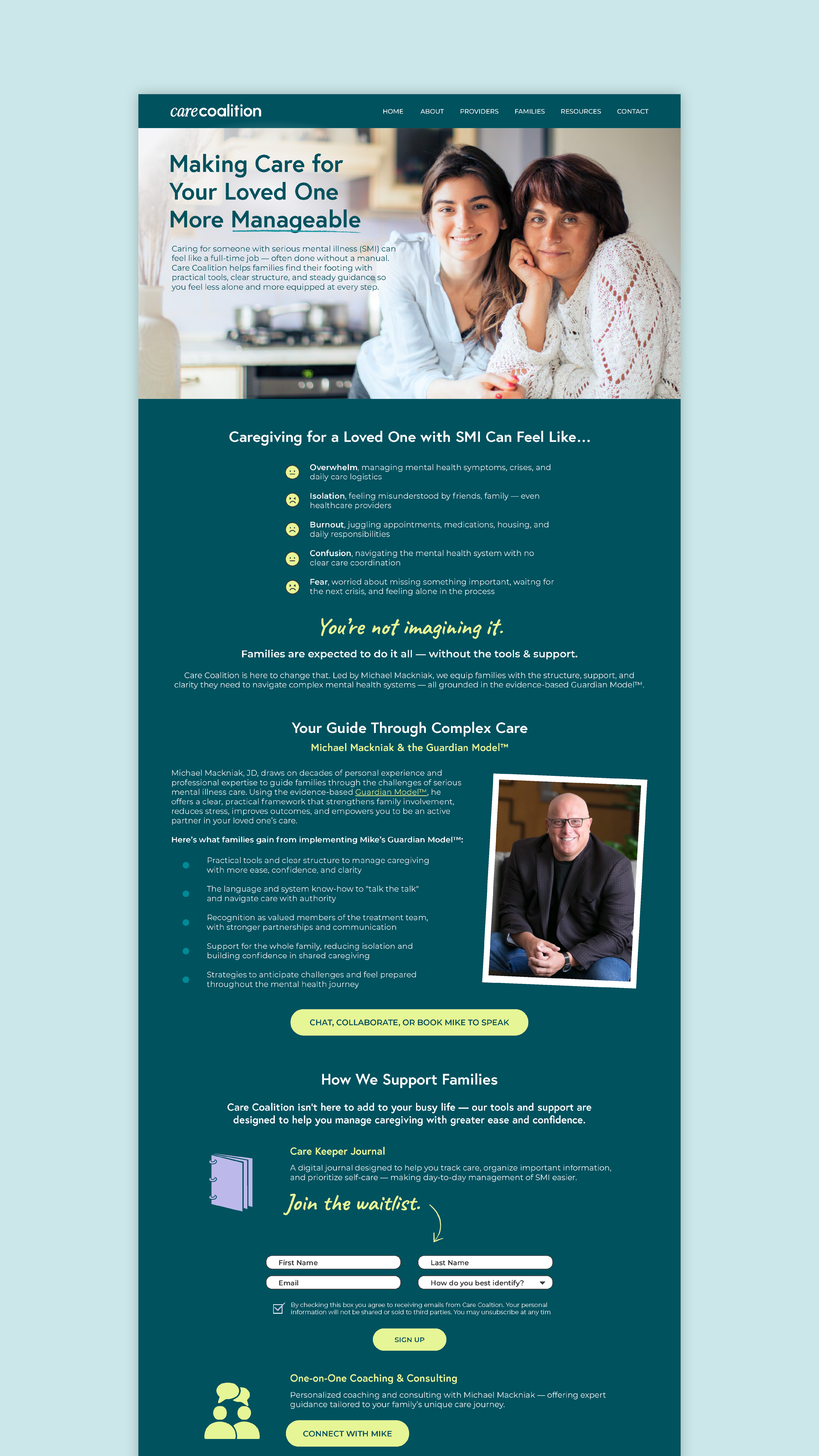 The families page speaks directly to the exhaustion of navigating a complex system. The Care Keeper Journal is positioned as the answer to the pain points families know all too well.