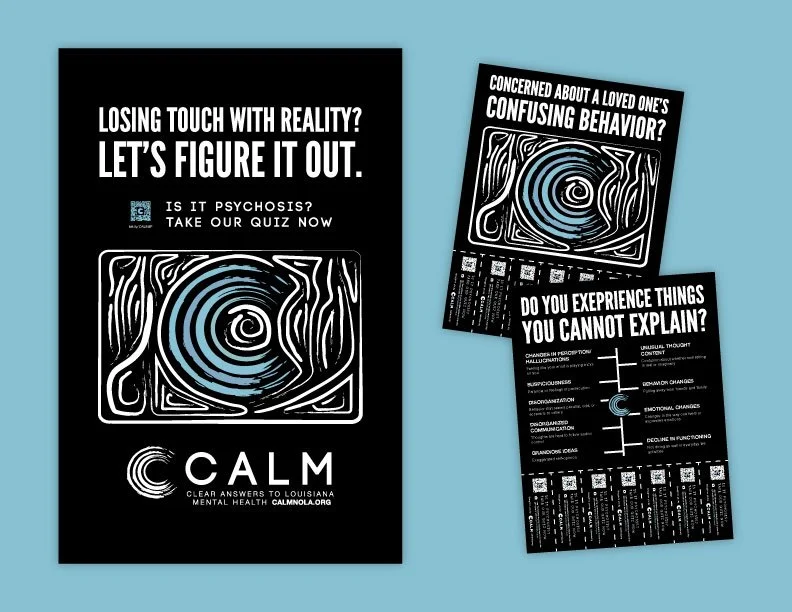 Posters, flyers, and handouts distributed throughout the community, each with a uniquely tracked QR code directing people to a psychosis symptom quiz. The tracking gave us clear insight into which messages were resonating and where.
