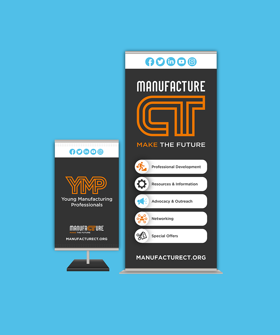 ManufactureCT did a ton of in-person events, so branded signage was a must. You can see the smaller pop-up banner shows the Young Manufacturing Professionals logo we created for the subgroup that formed soon after the rebrand.
