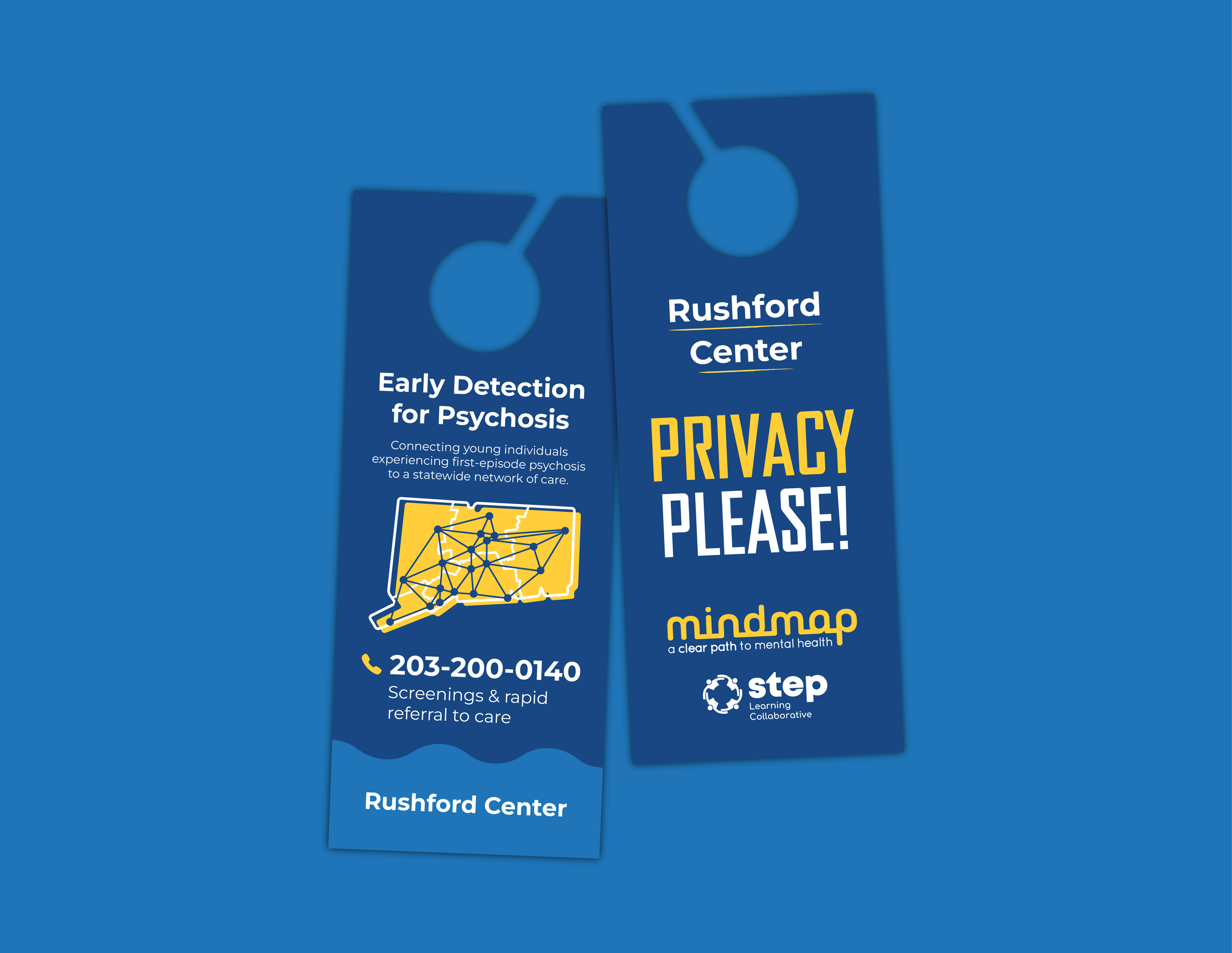 These door hangers went to the Local Mental Health Authorities providing care across the state. Having the Mindmap brand visible inside treatment spaces was intentional, so that by the time someone walked through the door, the place already felt fami