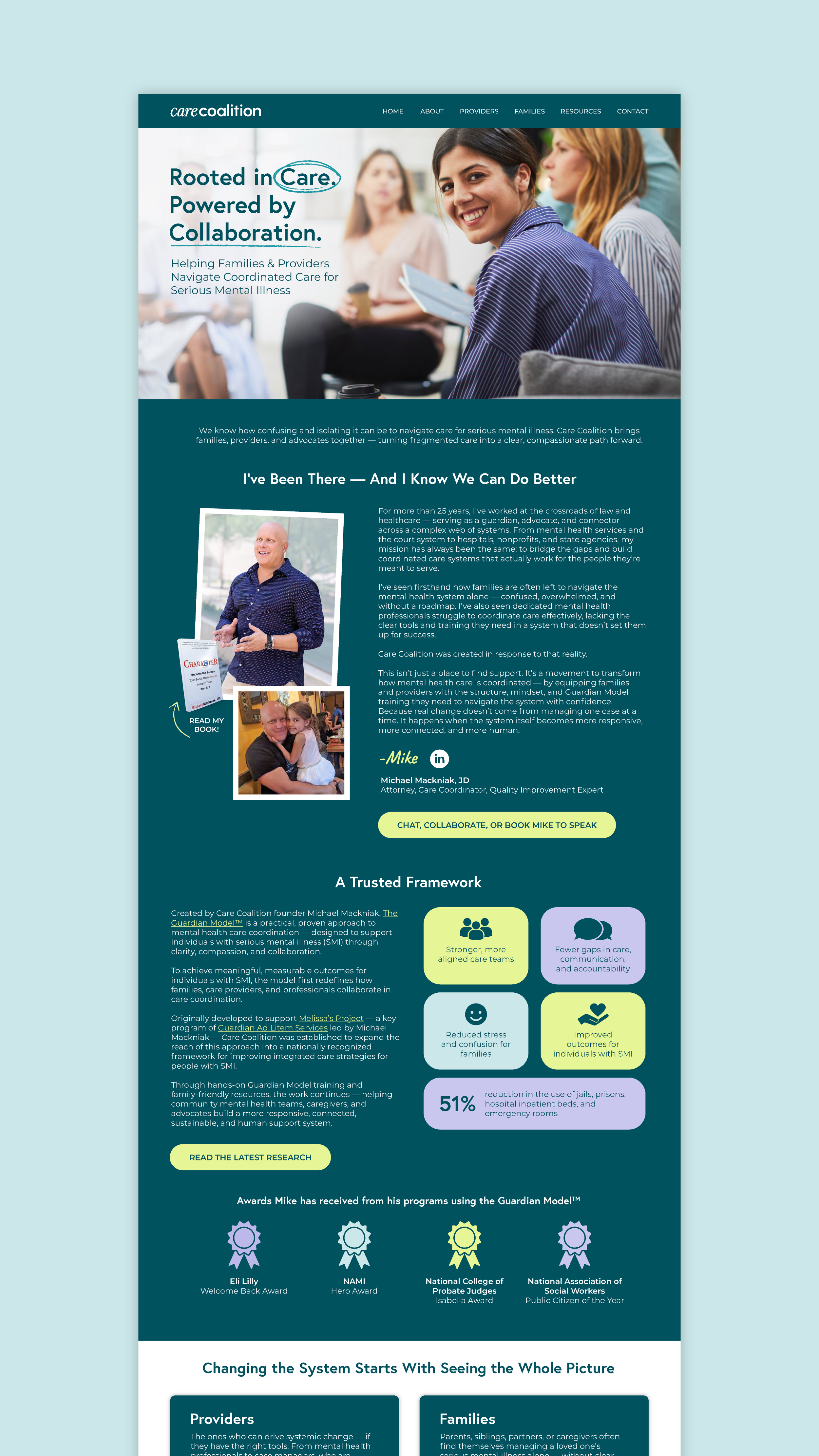 The about page does the heavy lifting of establishing credibility, telling Mike's story, introducing the Guardian Model, and laying out the research and recognition behind it.