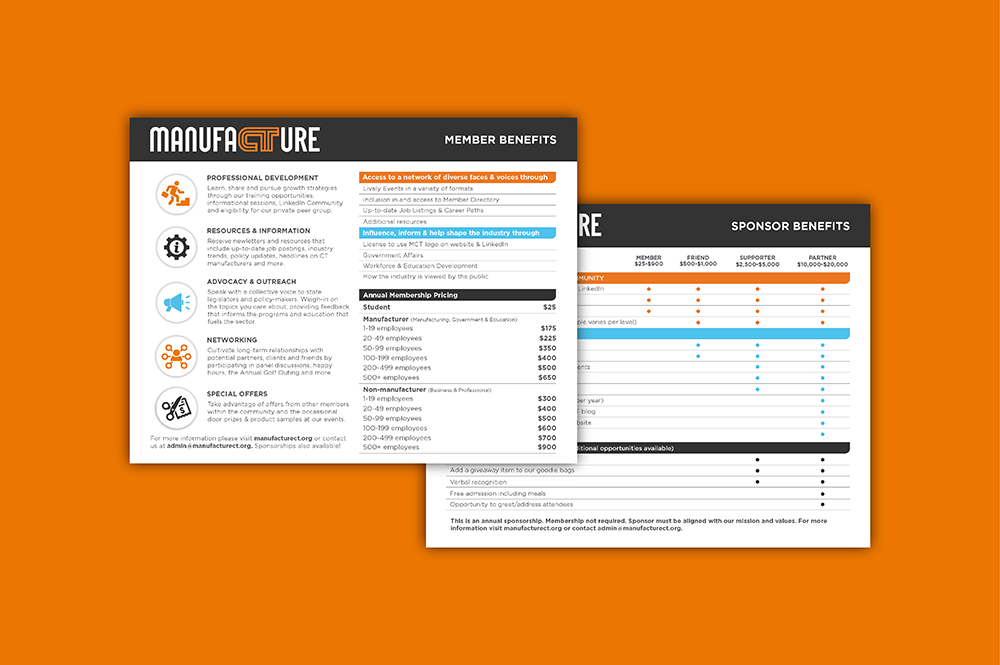Branded membership and sponsorship benefit sheets to highlight the benefits of the organization, something that there wasn't clarity on before-hand.