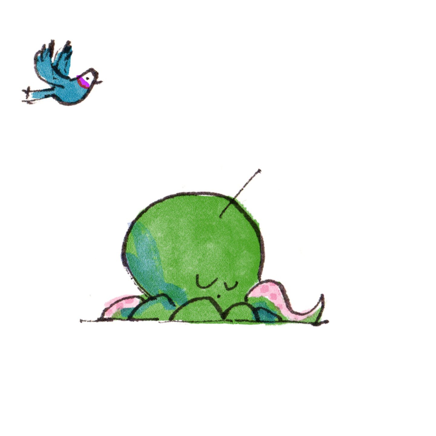 Little comic while my son has what can only be described as a power nap. 'Sweet Birdy' #illustration #bird #alien #pen #digitalwash