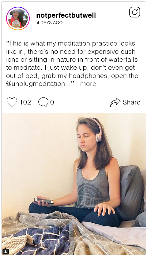 This is what my meditation practice looks like irl, there’s no need for expensive cushions or sitting in nature in front of waterfalls to meditate. I just wake up, don’t even get out of bed, grab my headphones, open the  @unplugmeditation  app and s