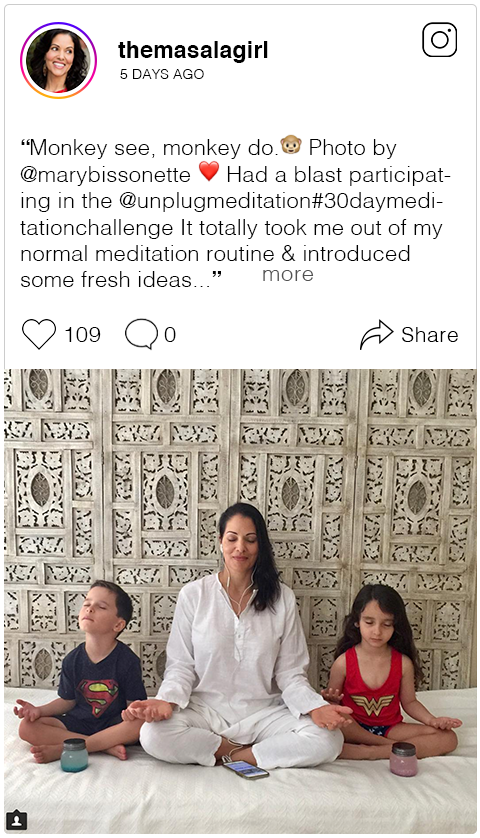 Monkey see, monkey do. Photo by @marybissonette ️ Had a blast participating in the @unplugmeditation #30daymeditationchallenge It totally took me out of my normal meditation routine & introduced some fresh ideas. The biggest takeaway however was the impact it made on my 5 year old twins. We used it at night to meditate together before bed & I was blown away at how engaged & focused they were meditating with the @unplugmeditationapp