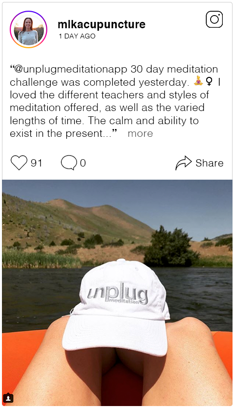   @unplugmeditationapp &nbsp;30 day meditation challenge was completed yesterday. 🧘‍♀️ I loved the different teachers and styles of meditation offered, as well as the varied lengths of time. The calm and ability to exist in the present moment that m