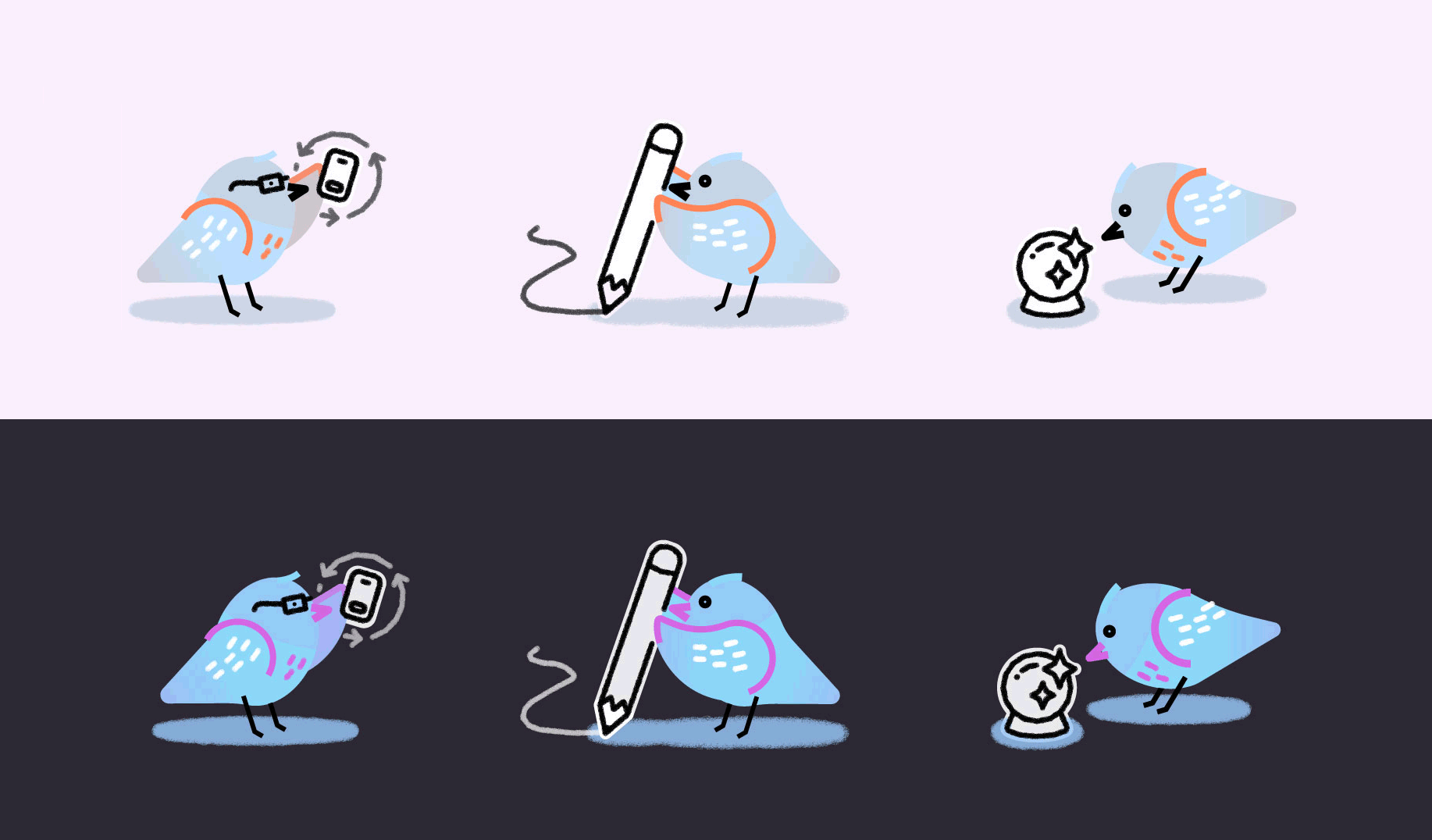  I created and animated many different personas for LBB, in both Light and Dark mode.   