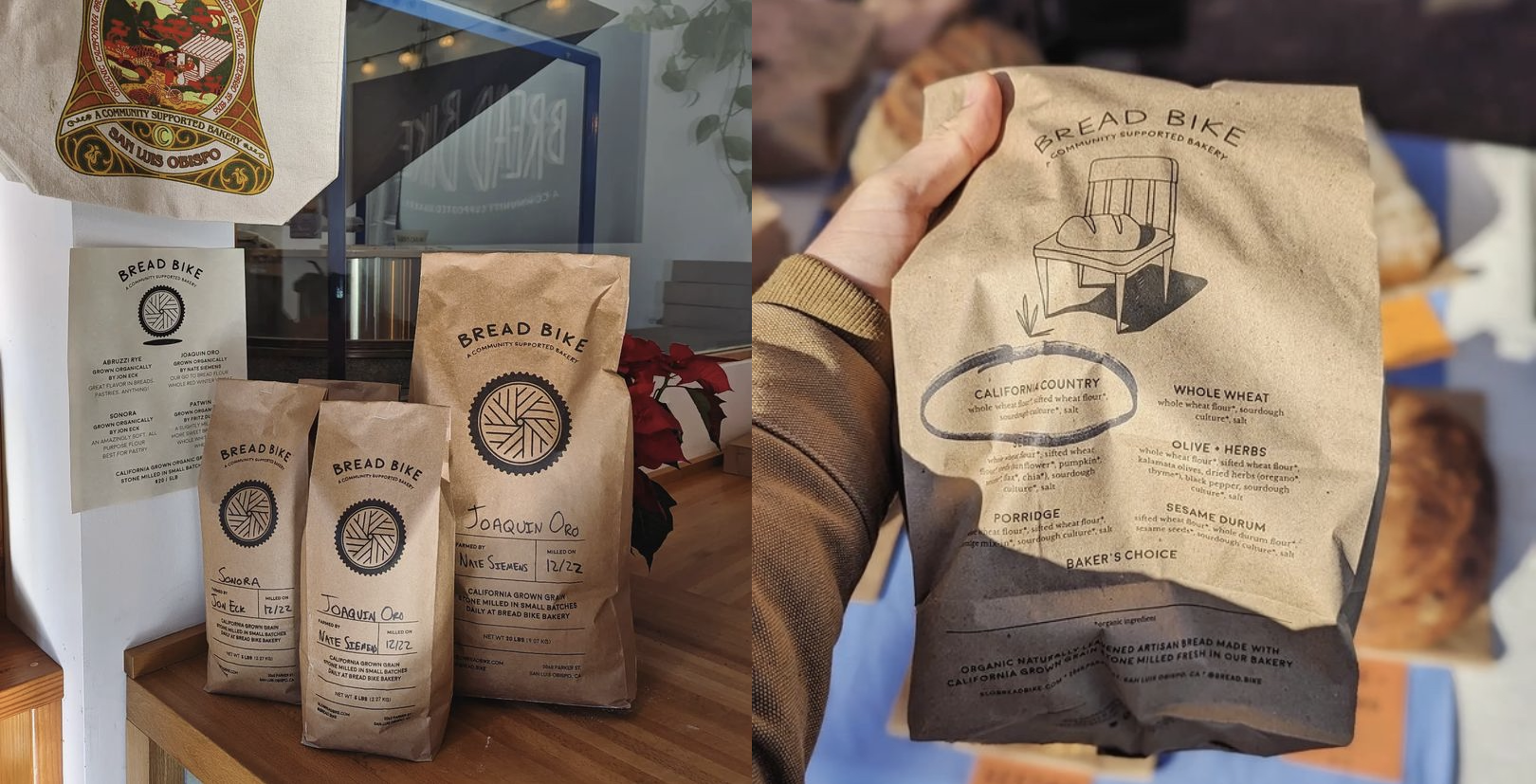  Bread Bike makes several kinds of bread and mills different varieties of flour from local farmers. The packaging I designed for them takes this, and their small-business budget, into account, and we were able to print one bag design for each product
