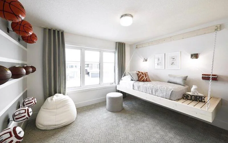 A custom floating bed frame done for the Full House Lottery
