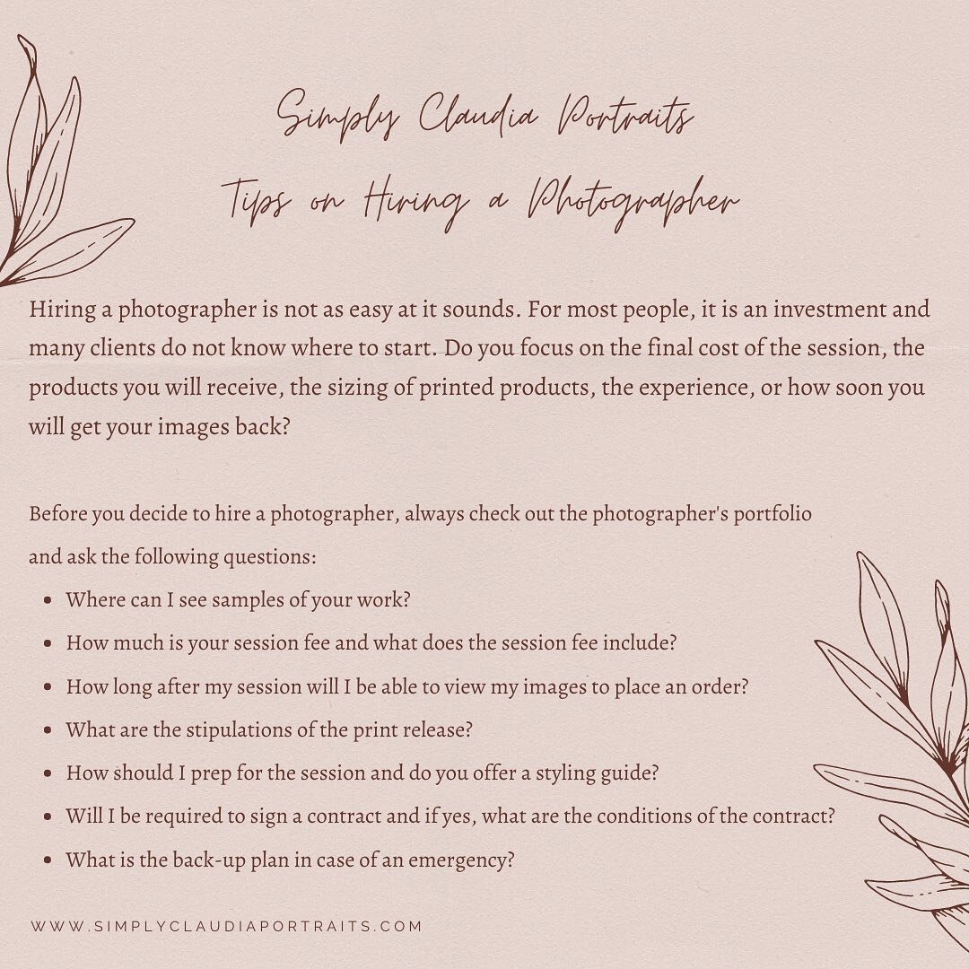 Tips on hiring a photographer:⁠
⁠
Hiring a photographer is not as easy at it sounds. For most people, it is an investment and many clients do not know where to start. Do you focus on the final cost of the session, the products you will receive, the s