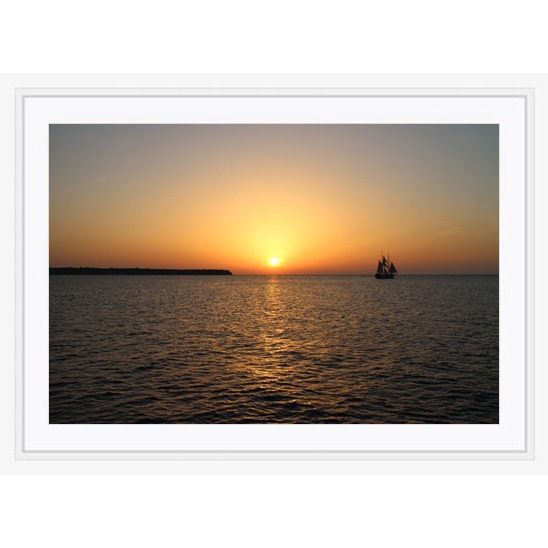 "Santorini Sunset" photo with white gallery frame by Emily Roggenburk.