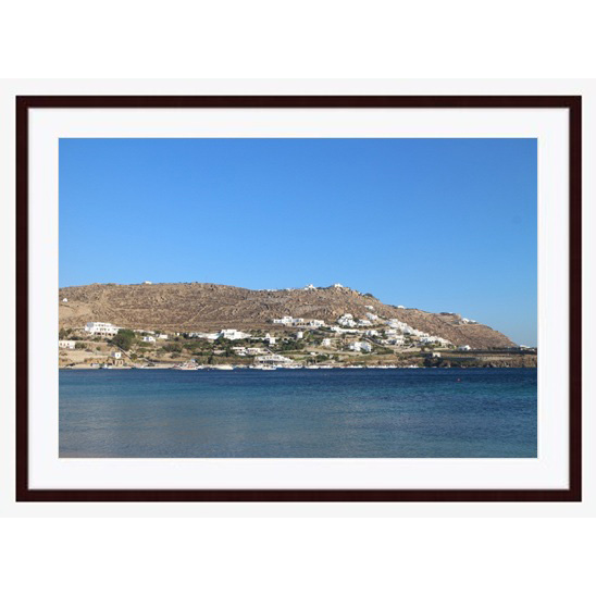 Copy of "Mykonos Beach" photo with dark brown wood frame by Emily Roggenburk.