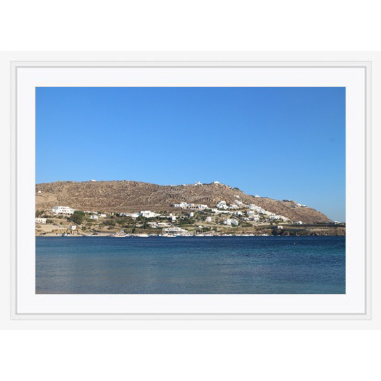 Copy of "Mykonos Beach" photo with white gallery frame by Emily Roggenburk.