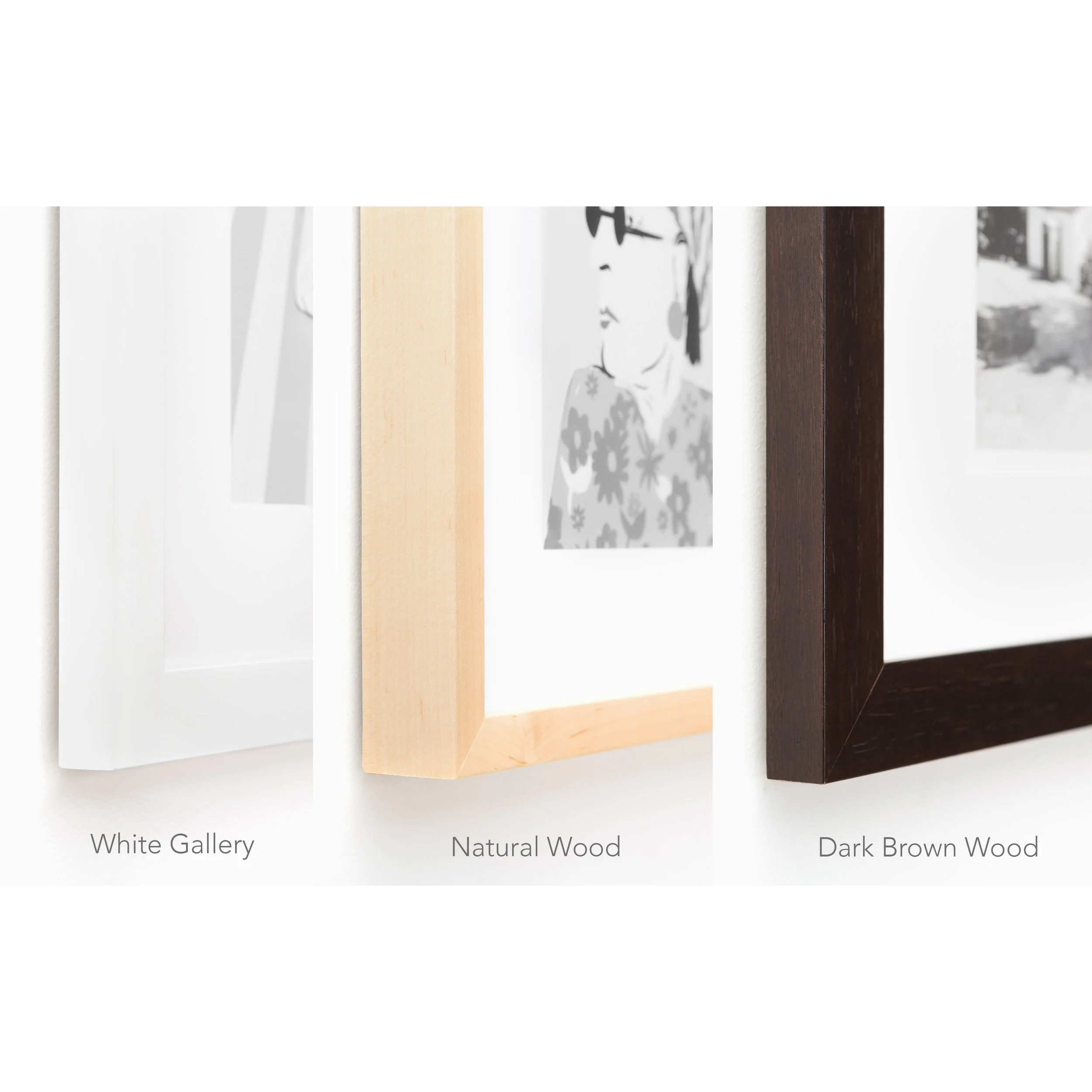 Copy of Emily Roggenburk Photography frame selection options: white gallery, natural wood, and dark brown wood.