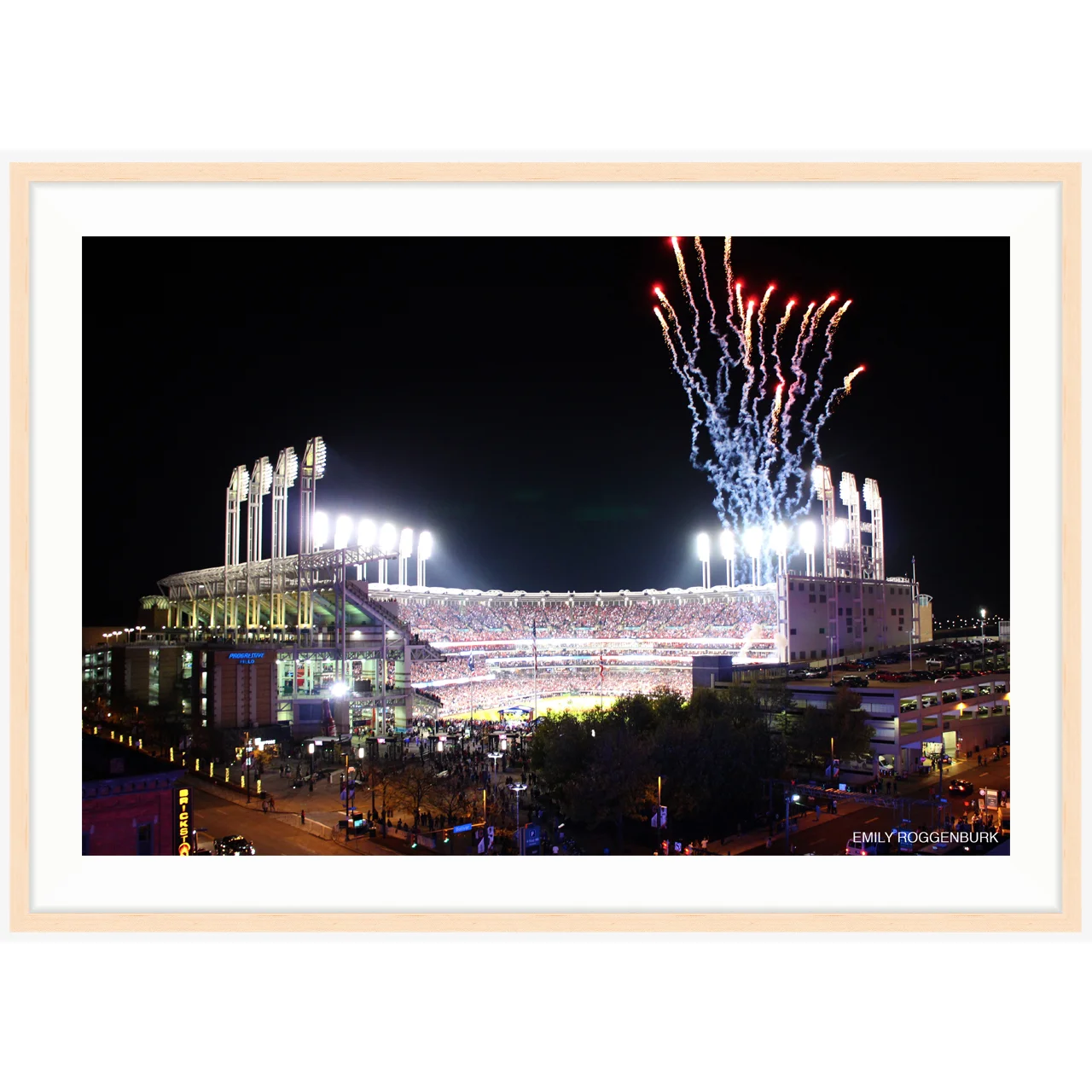 Copy of "National Anthem at Game 7 of the 2016 World Series" photo with natural wood frame by Emily Roggenburk.