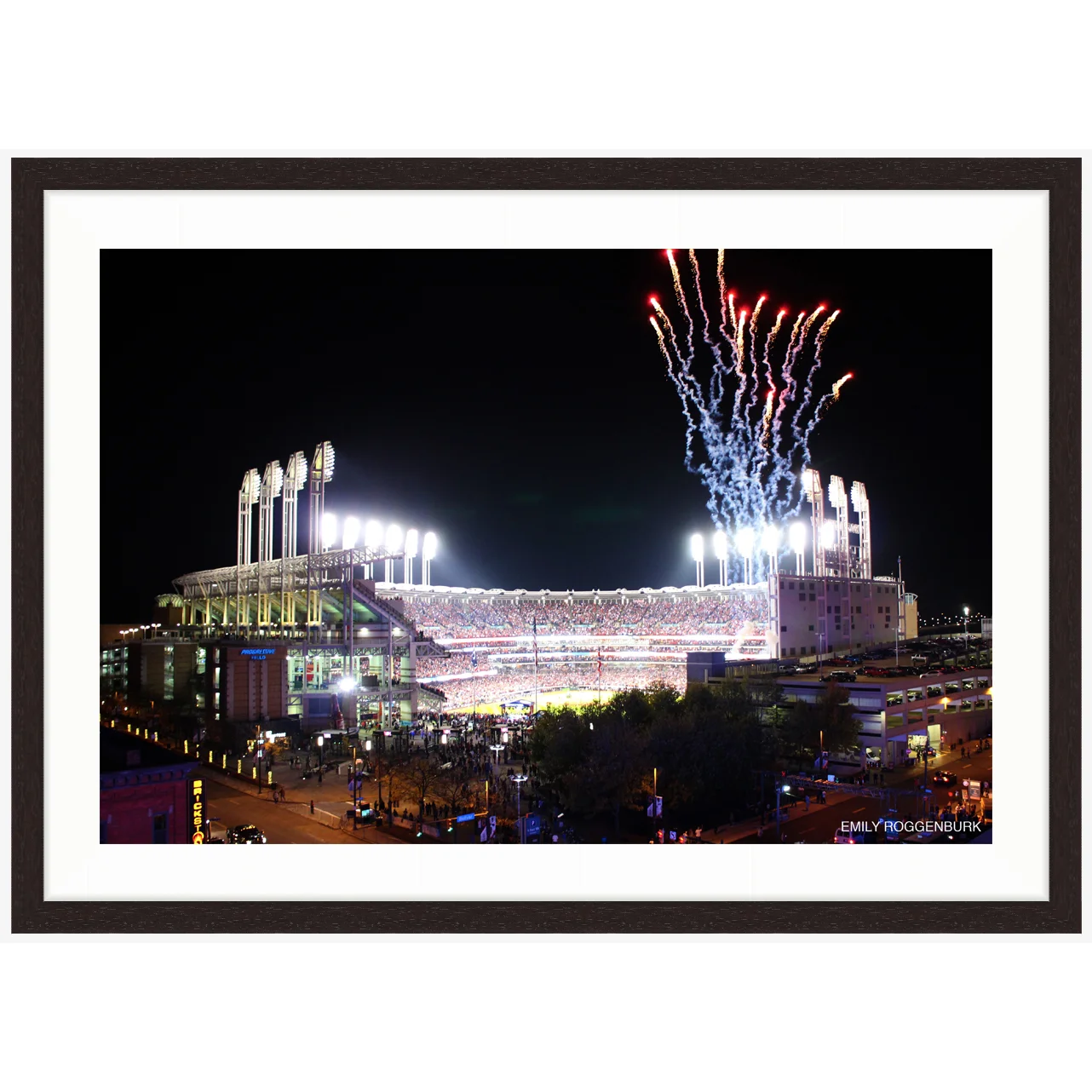 Copy of "National Anthem at Game 7 of the 2016 World Series" photo with dark brown wood frame by Emily Roggenburk.