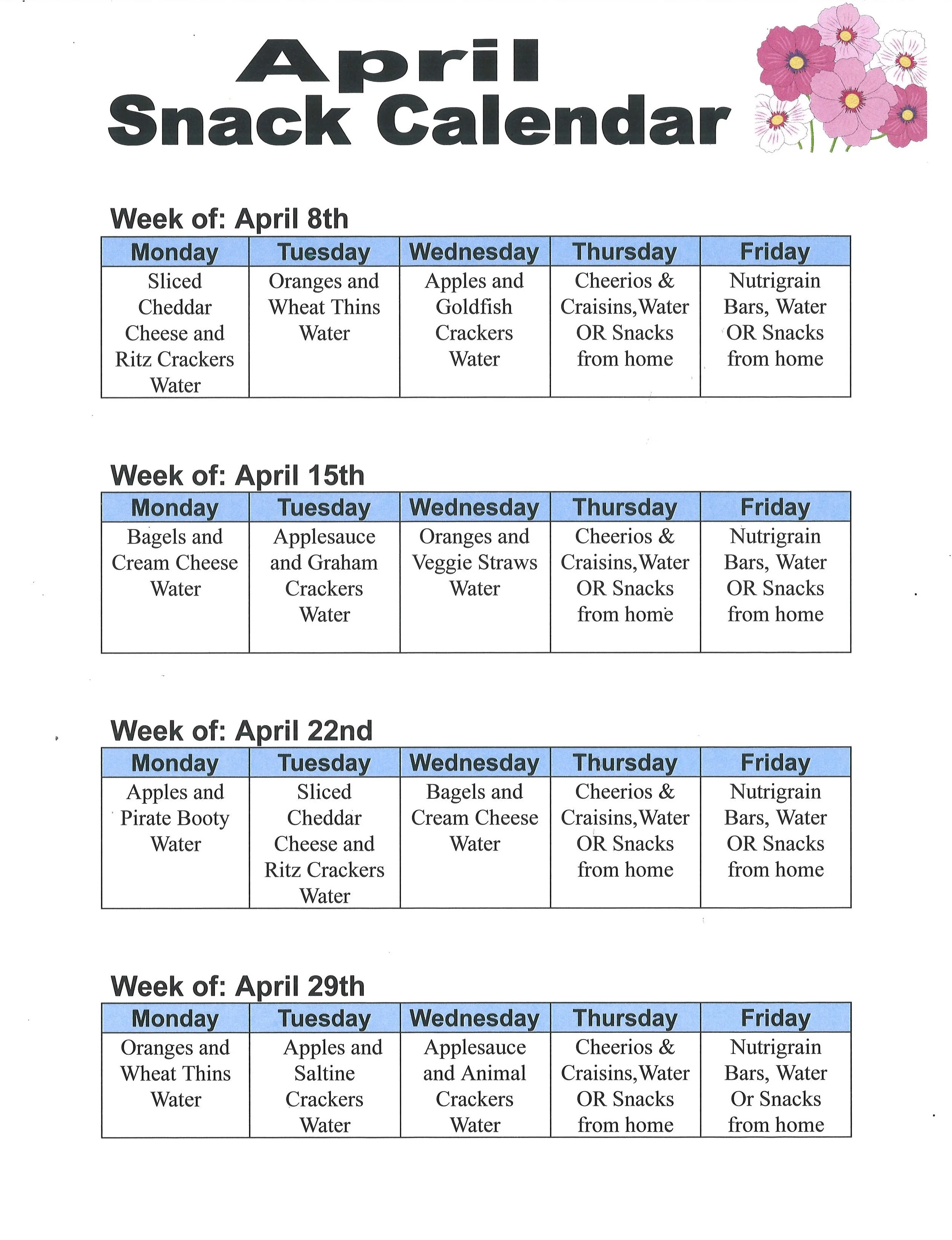 Snack Calendar — Northminster Preschool