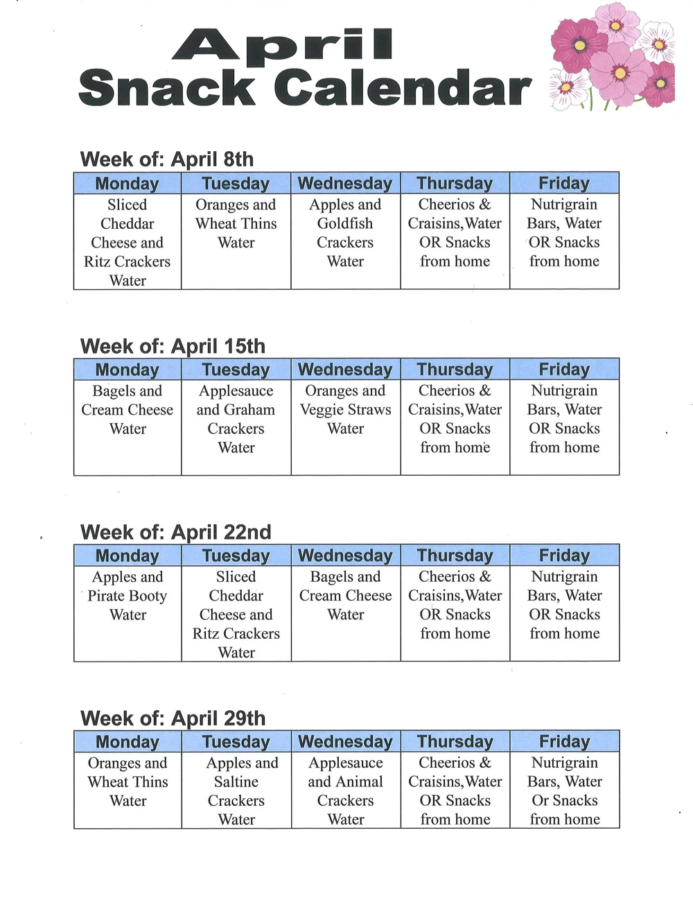 Snack Calendar — Northminster Preschool