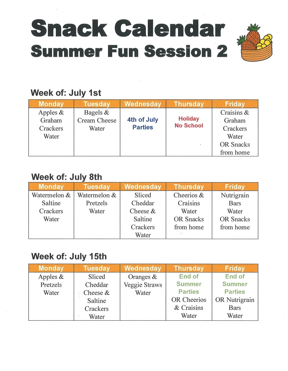 Snack Calendar — Northminster Preschool