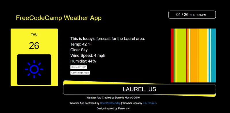 The first version of my weather app. It didn't turn out as well as I had hoped, but I was successful in getting my information to populate to the site using the OpenWeatherApp API and have my weather and air speeds convert to metric. You can view this app here: https://codepen.io/Qwicksilver/full/dNVwxv/