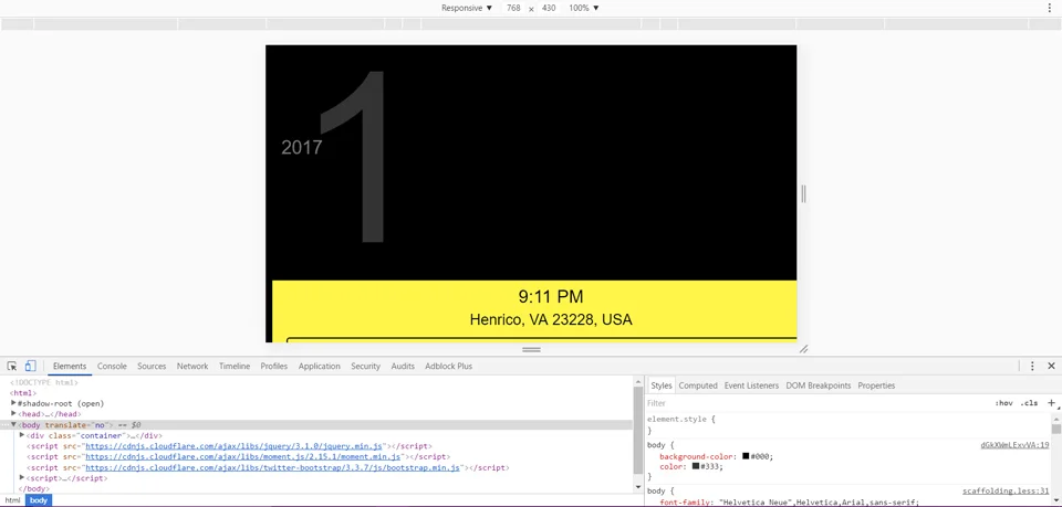 The Chrome Inspector View with the media queries option turned on. Not going to lie, I cringe when I have to work with this view. Media queries are the bane of my existence but I work on them anyway so the cringe lessens each time. 