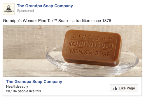 The test was a page like ad on Facebook. The visual is the bare product, no packaging or strong indication of branding. The client was in the process of modernizing branding, so we weren’t testing the brand – testing personas for the flagship pine tar soap product.