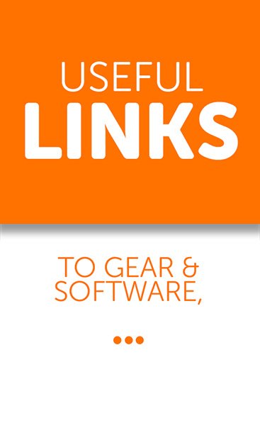 Orange background with white and orange text reading "Useful Links" and smaller text below reading "to gear & software".