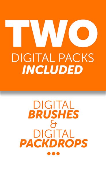 Orange and white graphic promoting two digital design packs, including digital brushes and digital packdrops.