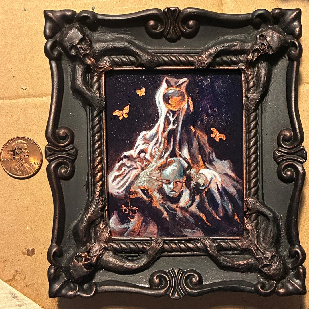Unmasking mini painting in custom resin frame with iridescent bronze ORDER ON ETSY IF OUTSIDE THE US