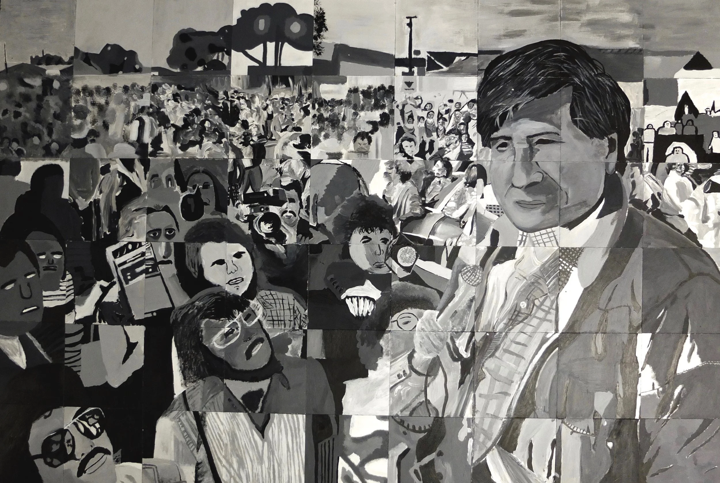 A class of twenty-nine students worked together to create a mural for the Cesar Chavez Day of Service. The lesson plan was built around seeing and interpreting value. Each student worked on a small, individual square and we put the pieces together, like a puzzle, to make a large-scale painting.