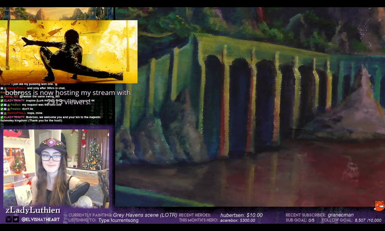 Screen capture - the first time I was raided by Bob Ross with over 2,000 viewers. Note my facial expression...