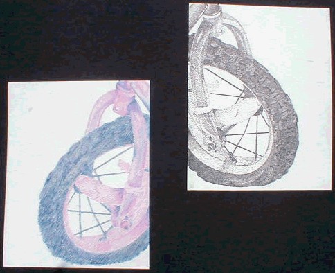 Bicycles, 2003. Left: Colored Pencil (straight lines only). Right: Pen (stippling only).