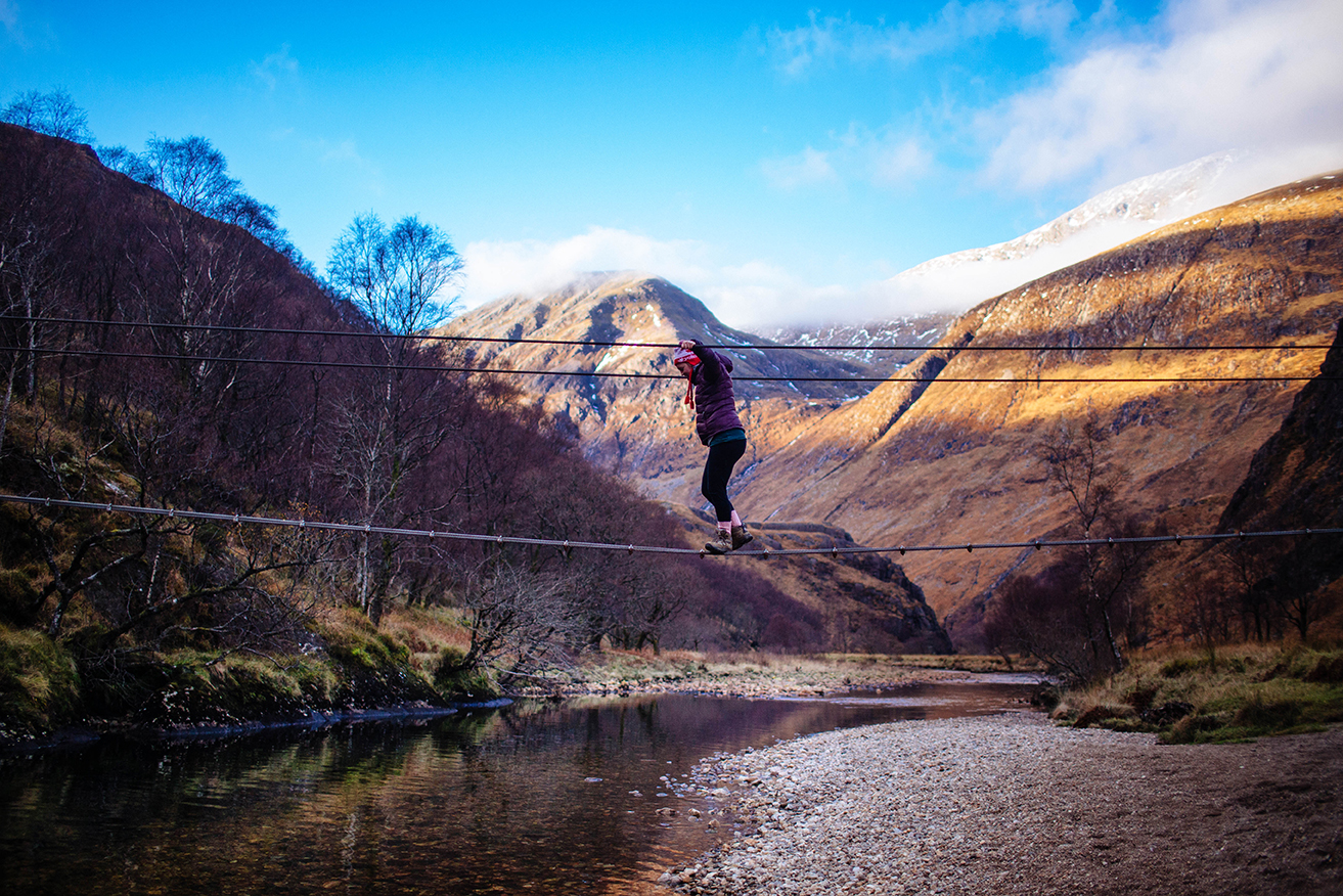 My friend crossing the bridge first.