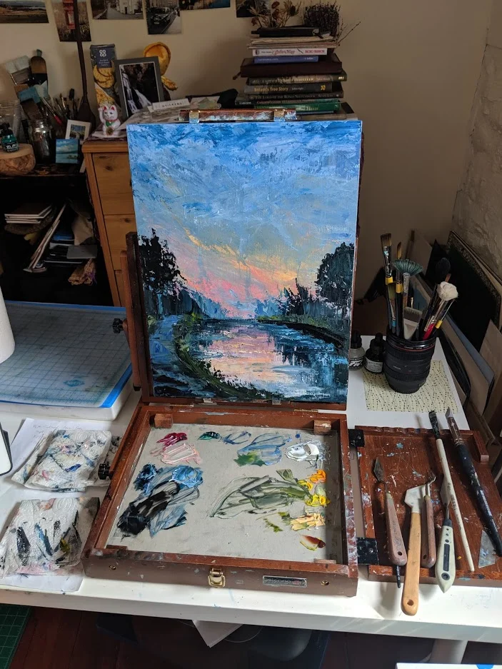 “Canal Sunset.” IN PROGRESS. Oil on cradled board.