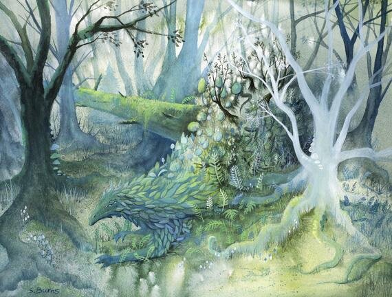 painting of forest spirit emerging from the thick brush that it used to conceal itself