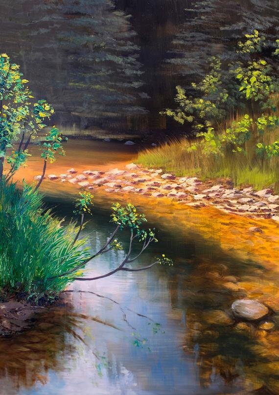 Painting of a quietly rippling reflective stream meandering through a forest path