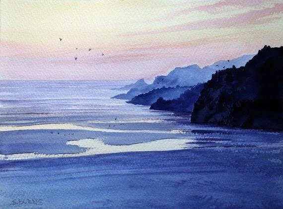 Painting of beautiful sunset on a serene beach on the coast of Scotland