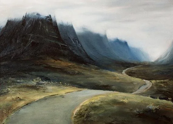 A moody misty mountain Scottish landscape painting of Scotland