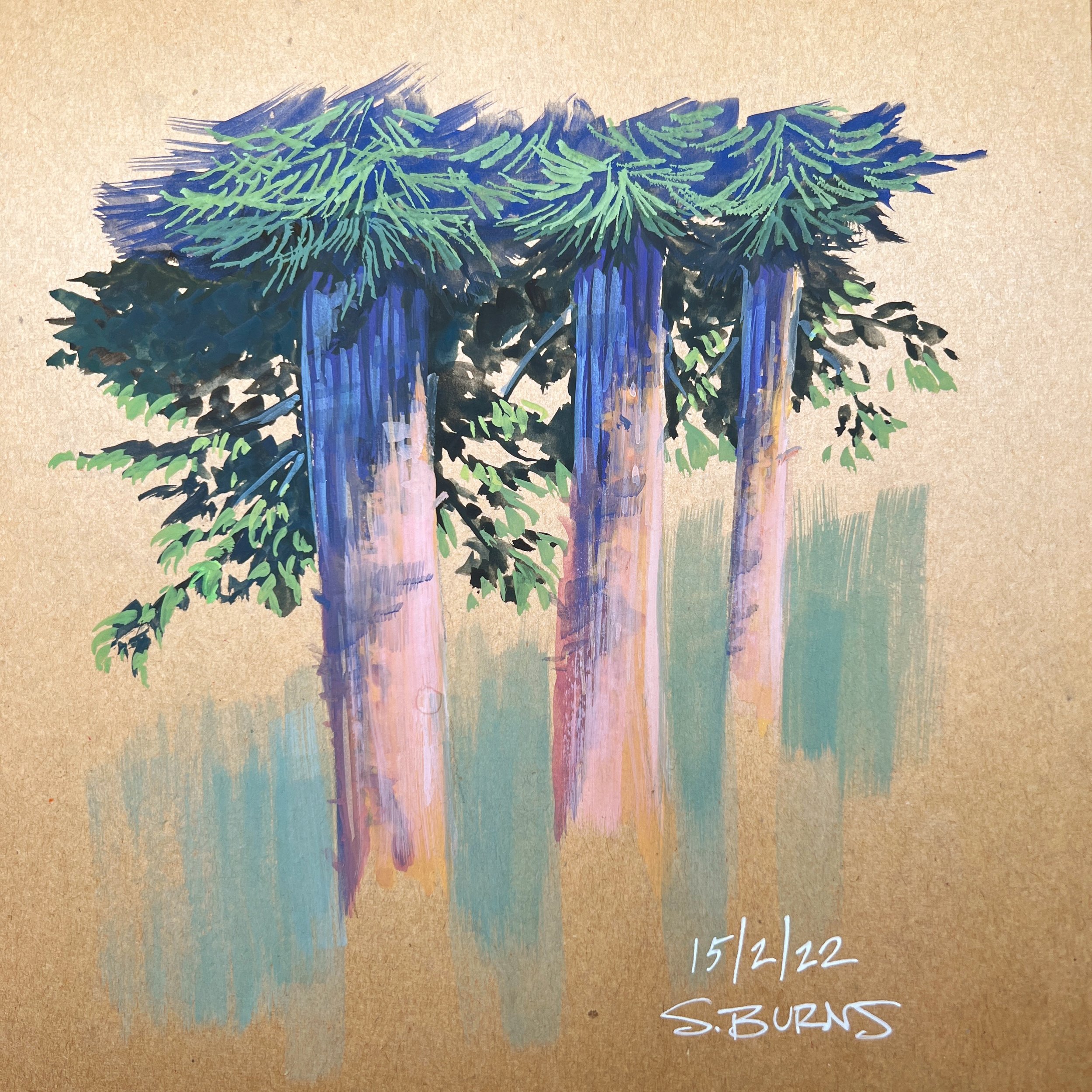 Sunlit pines gouache sketch on toned paper