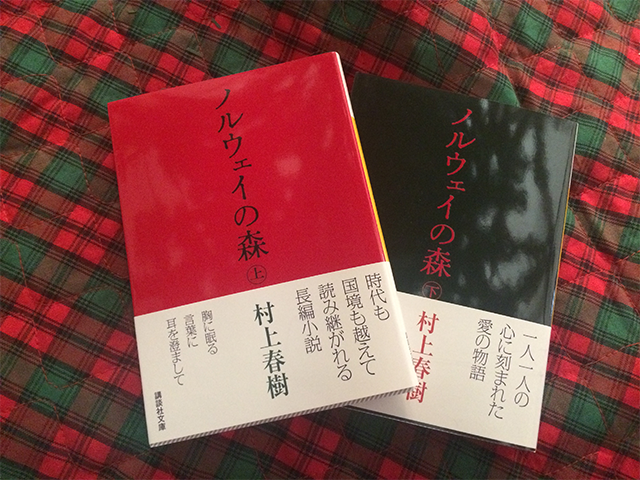 The copy of Norwegian Wood I bought my cousin in Japan. The covers are Christmas colors so it must be a holiday novel after all!