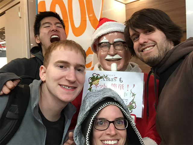 My traveling companions and me with Colonel Santa Sanders in Hiroshima. Happy holidays!