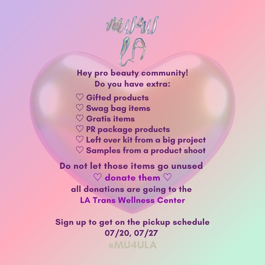 Hey pro beauty community!

Do you have extra:
♡ Gifted products 
♡ Swag bag items 
♡ Gratis items 
♡ PR package products 
♡ Left over kit from a big project 
♡ Samples from a product shoot 

Do not let those items go unused
♡ donate them ♡ 

All dona