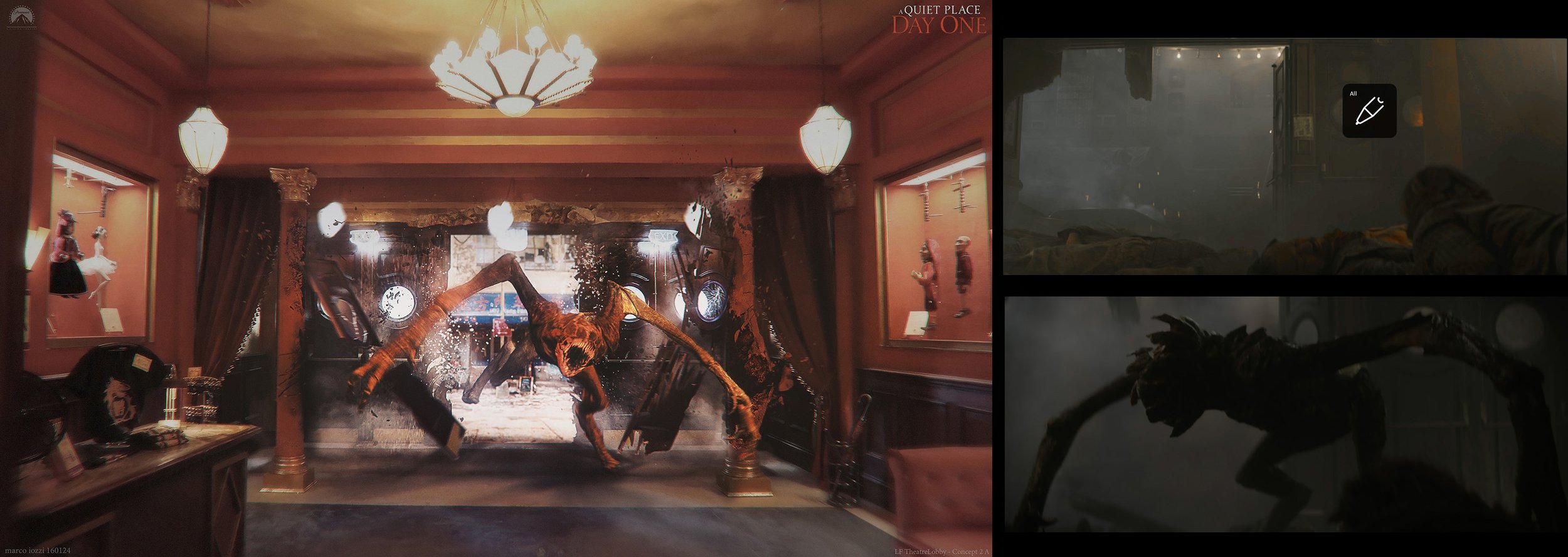 A museum display with a large dinosaur skeleton in the main area, surrounded by smaller dinosaur models in glass cases, with a wooden ceiling and red-painted walls. The right side contains scenes from a video game or movie showing dark, foggy environ