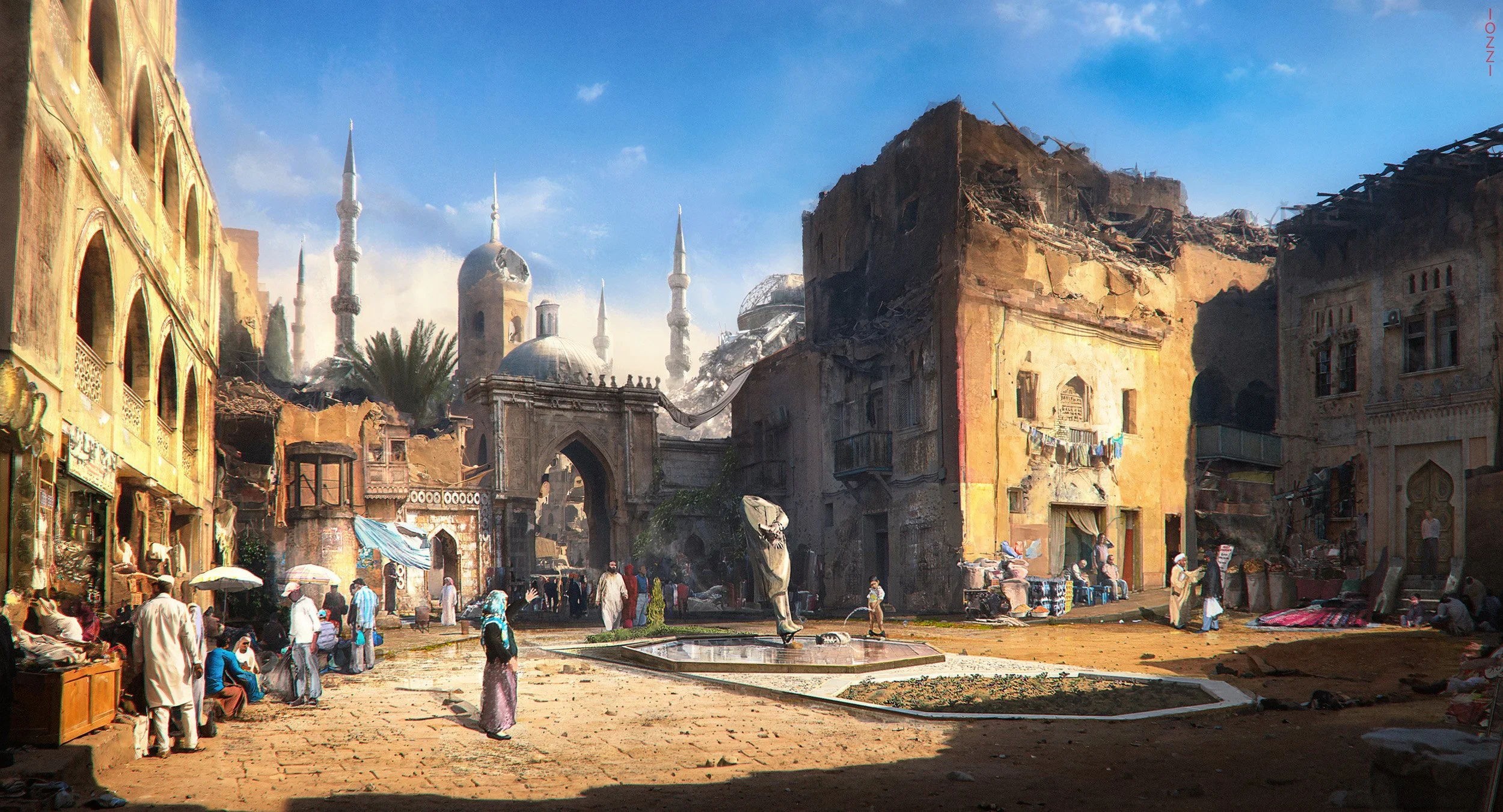 A city square with damaged buildings, including some with partially collapsed walls and roofs, and a mosque with multiple minarets in the background. People are walking and sitting, with market stalls on the sides.