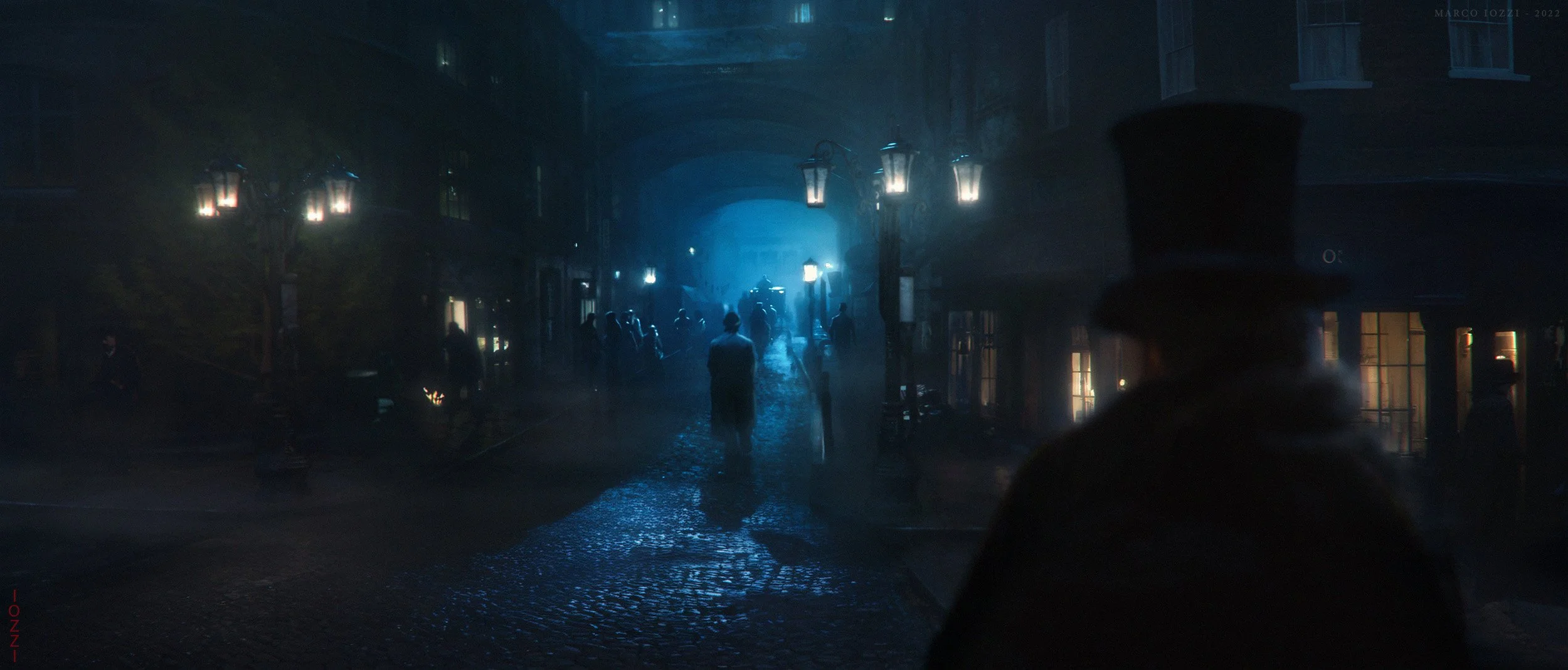 A dark, foggy street scene at night with vintage street lamps and several silhouettes of people, some in period clothing, including a man in a top hat in the foreground. The scene has a mysterious, atmospheric feel with illuminated windows and a blue