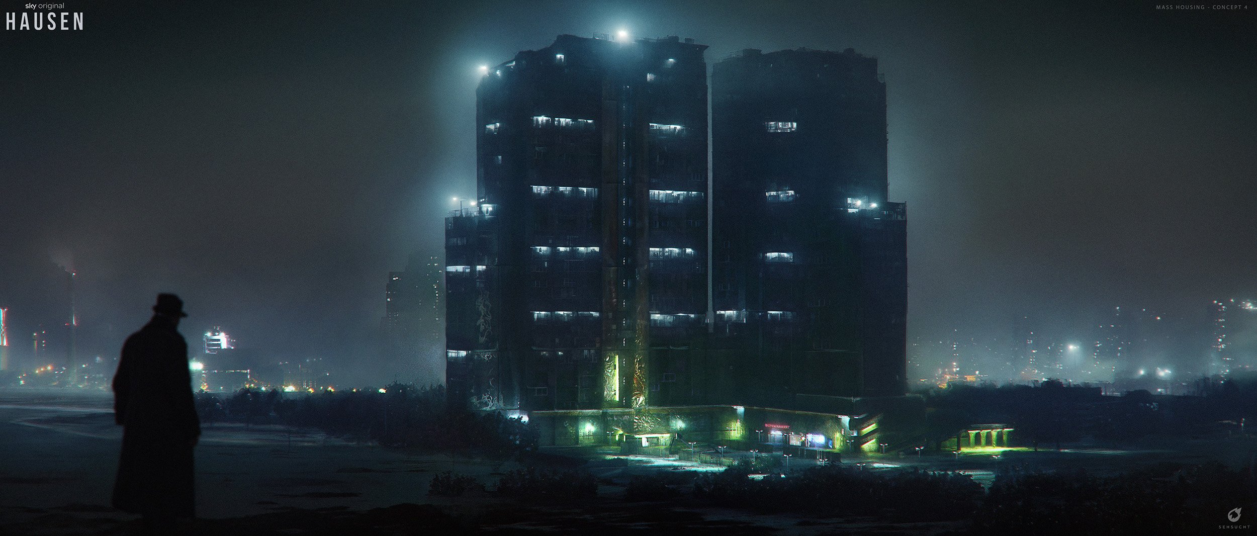 A silhouette of a man wearing a hat walking near a tall, dark building illuminated by lights at night with a hazy cityscape in the background. Hausen horror tv concept art Sky Hausen Tv series 