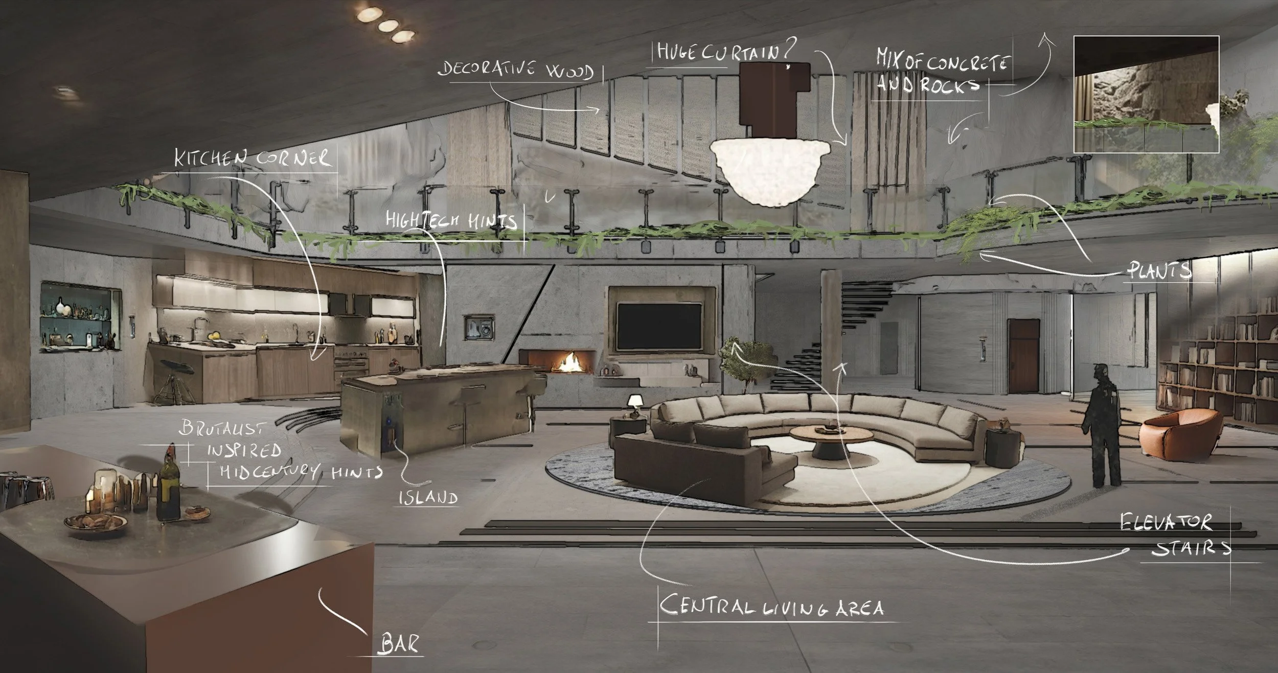 Movie pitch interior design, modern, spacious living room with a seating area, lounge chairs, and a staircase with LED lighting, featuring a woman sitting on a sofa and a man standing nearby.