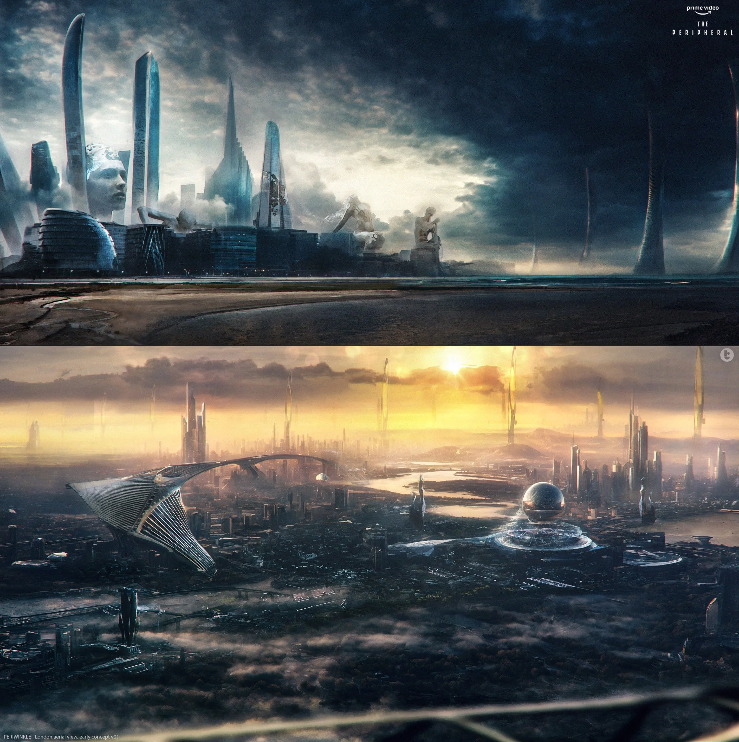 Two futuristic cityscapes with advanced architecture under a dramatic sky, featuring tall skyscrapers, flying vehicles, and holographic displays.